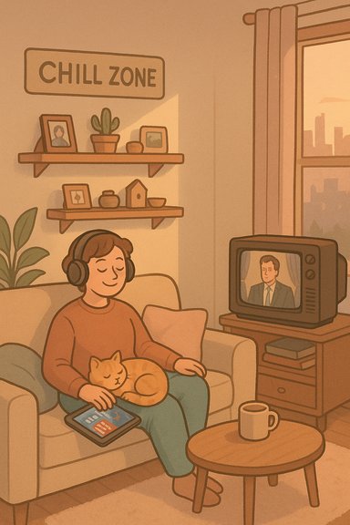 Cozy living room scene: person with headphones cuddles a sleeping cat on their lap while watching TV.