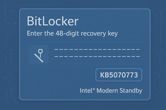 BitLocker recovery key prompt on a blue, tech-themed screen.