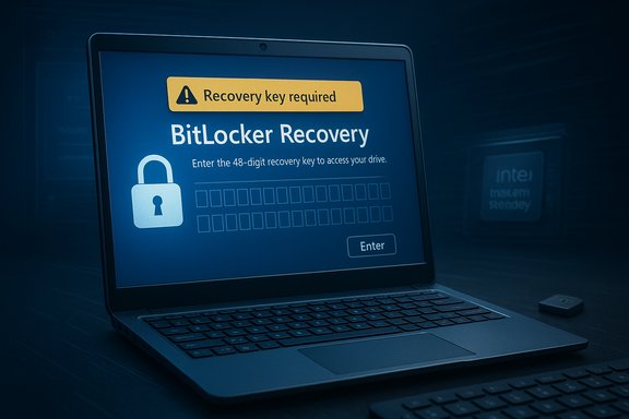 Laptop displays BitLocker Recovery asking for a 48-digit recovery key.