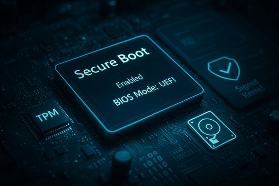 Close-up of a motherboard showing Secure Boot enabled in BIOS/UEFI mode.