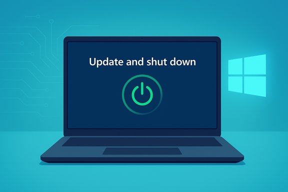 Laptop screen shows “Update and shut down” with a green power icon and Windows logo. Laptop screen shows “Update and shut down” with a green power icon and Windows logo.