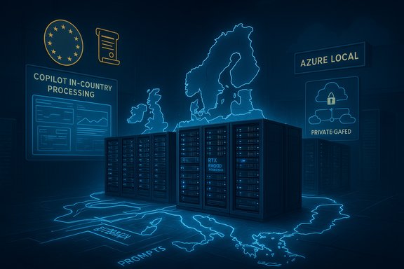 Blue-hued data-center servers surround a glowing Europe map labeled Copilot in-country processing and Azure Local.