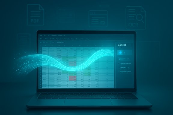 Laptop showing a spreadsheet with a glowing blue data stream arcing across the screen.
