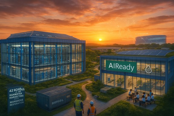 Sunset over a glass-walled tech campus featuring an AIReady sign and workers in safety gear. Sunset over a glass-walled tech campus featuring an AIReady sign and workers in safety gear.