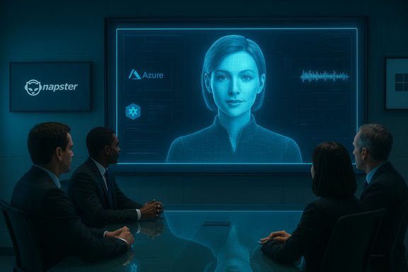 Executives watch a holographic AI avatar on a blue Azure display in a high-tech conference room. Executives watch a holographic AI avatar on a blue Azure display in a high-tech conference room.