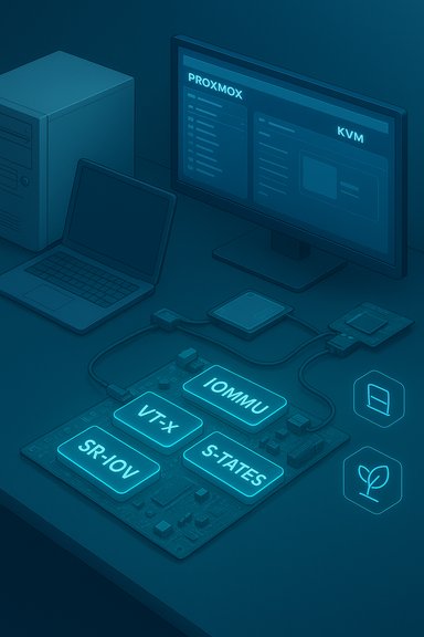 Virtualization-ready hardware with IOMMU, VT-x, SR-IOV and S-States powering Proxmox/KVM.