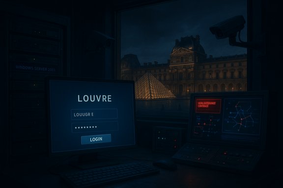 Dark server room with night view of the Louvre and a prominent LOUVRE login screen.
