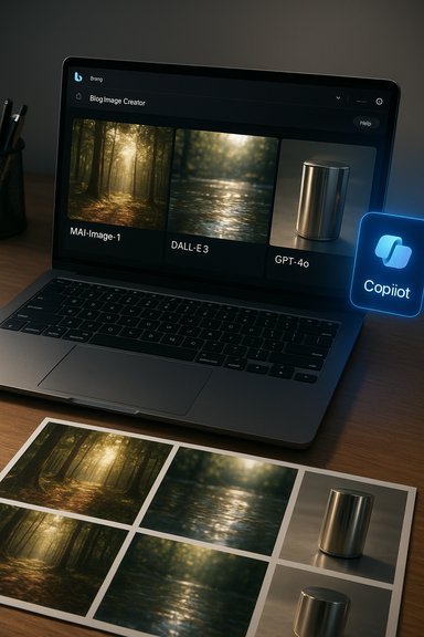 Laptop screen shows an AI image creator UI with forest, river, and metal can images; Copilot glow.