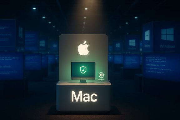 A glowing Mac exhibit with a shielded computer screen, surrounded by Windows displays in a dark gallery.