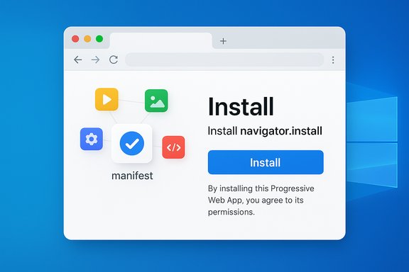 A browser window displays an Install prompt for a Progressive Web App with a blue Install button.