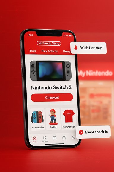 Phone screen shows the Nintendo Store app promoting Nintendo Switch 2 with a wishlist alert.