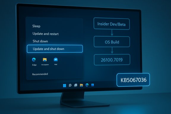 A computer monitor shows a Windows-like update flow with 'Update and shut down' highlighted and a KB5067036 badge.