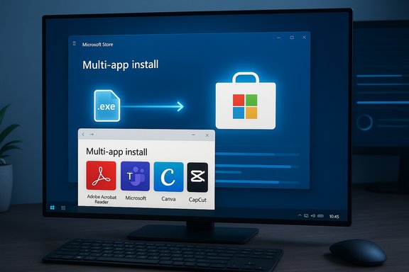 Windows desktop shows a 'Multi-app install' slide with .exe icon and Microsoft Store logo. Windows desktop shows a 'Multi-app install' slide with .exe icon and Microsoft Store logo.