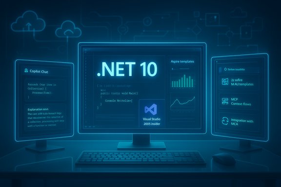 Futuristic multi-monitor setup glowing with .NET 10 code and visuals.