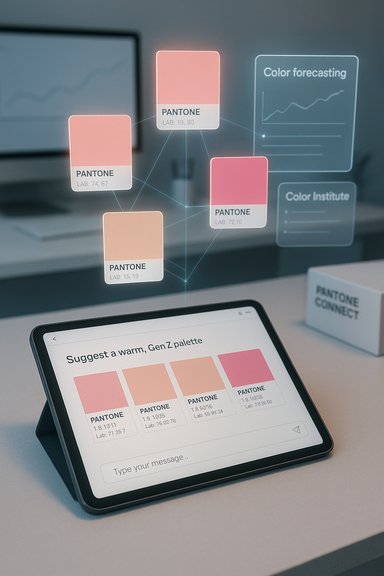 A tablet displays a warm Pantone color palette with holographic color connections.