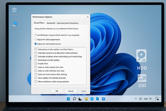 A Windows desktop with the Performance Options dialog open over a blue abstract wallpaper.
