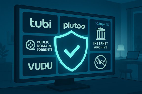 Screen showing streaming logos (Tubi, Pluto TV, Vudu, Internet Archive) with a glowing shield.
