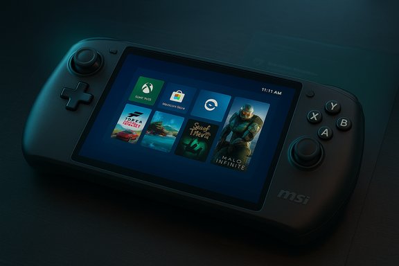 MSI handheld console displaying a game library with Halo Infinite cover art.