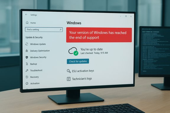 Windows settings screen shows end-of-support warning and update status.