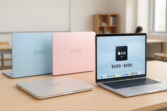Pastel-blue and pink J700 laptops sit beside a MacBook with A18 Pro on a classroom desk.