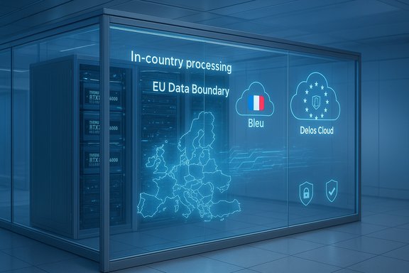 Glass-walled data center displays EU Data Boundary and in-country processing for Bleu and Delos Cloud.