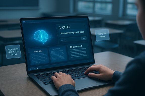 A person uses a laptop with an AI chat interface and floating notes on screen.