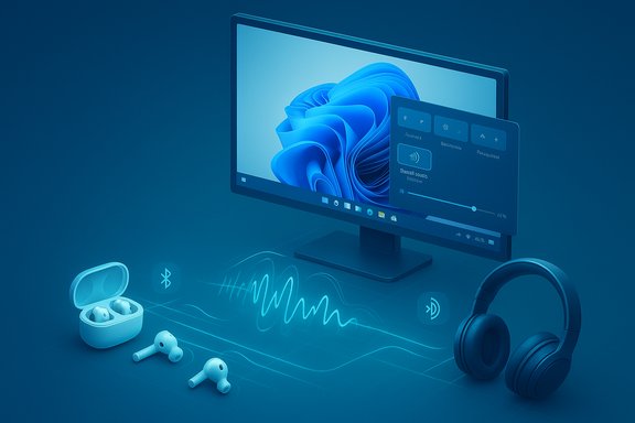 Blue-toned tech setup with a monitor, wireless headphones, and earbuds emitting Bluetooth audio waves.