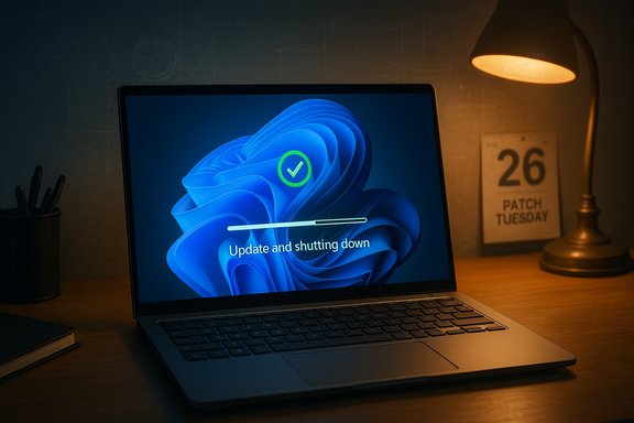 Laptop displays “Update and shutting down” on a blue abstract wallpaper, set on a desk beside a warm lamp. Laptop displays “Update and shutting down” on a blue abstract wallpaper, set on a desk beside a warm lamp.