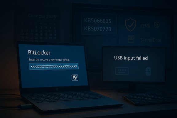 A laptop shows a BitLocker recovery key prompt while the monitor reads 'USB input failed'.