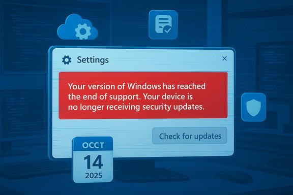 A computer settings window shows a red warning that Windows has ended support and no longer receives security updates.