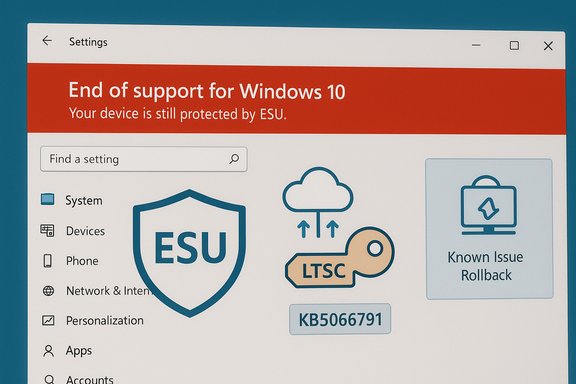 Windows Settings screen with a red banner announcing end of support for Windows 10, ESU badge and LTSC icon. Windows Settings screen with a red banner announcing end of support for Windows 10, ESU badge and LTSC icon.