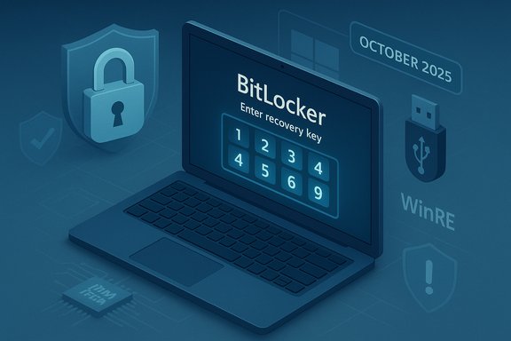 Blue-toned laptop displays BitLocker recovery key prompt with security icons.