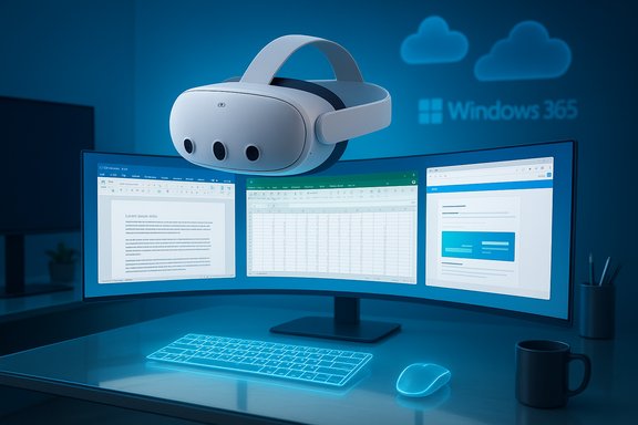 A white VR headset rests on a curved triple-monitor setup, bathed in blue light under Windows 365.