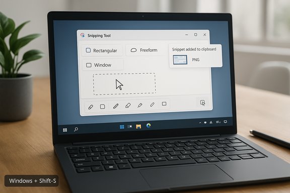 A laptop on a wooden desk shows the Windows Snipping Tool with a screenshot window.