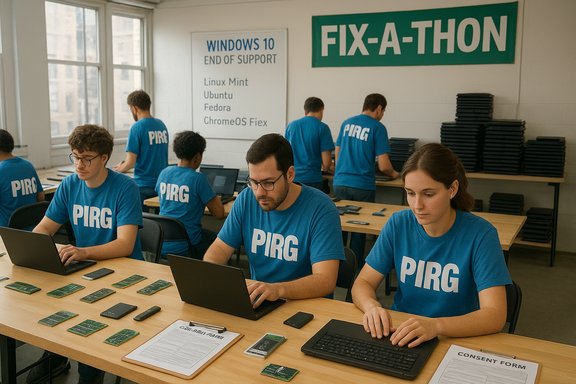 PIRG volunteers in blue shirts work on laptops at a Fix-A-Thon tech refurbishing event.
