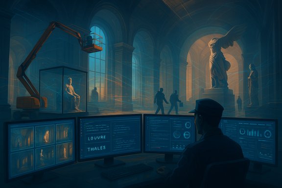 In a dim security ops center, monitors overlook a grand museum hall filled with statues and workers.