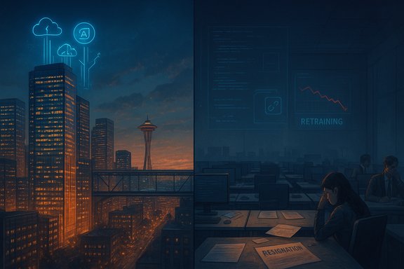 Split scene: neon cloud-tech skyline outside, while a dim office shows resignation papers and retraining charts.