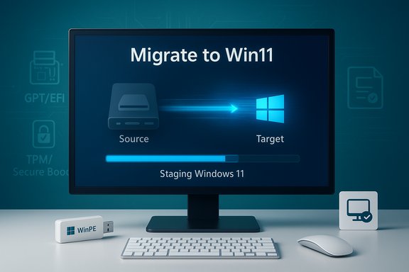 Migration from Source to Windows 11 Target with a progress bar on screen.