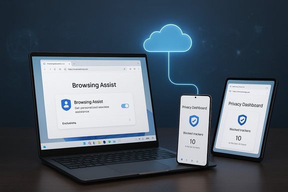 Laptop, phone, and tablet display Browsing Assist and Privacy Dashboard with cloud sync.