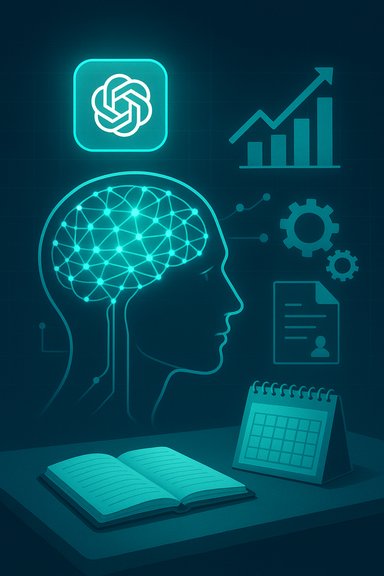 Neon illustration of a human head with a neural-network brain and analytics icons.