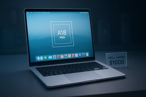 Laptop displaying A18 Pro logo on the screen with a “Well Under $1000” price tag nearby.