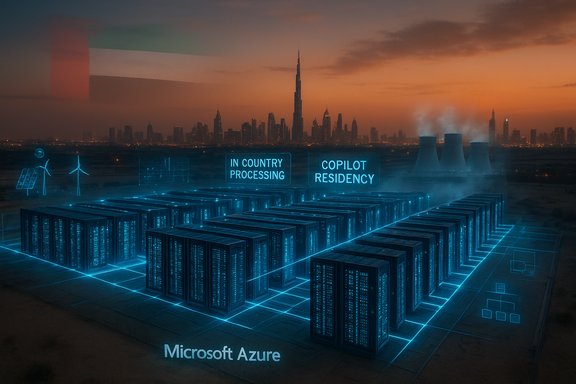 Futuristic Microsoft Azure data center complex glowing blue at sunset.