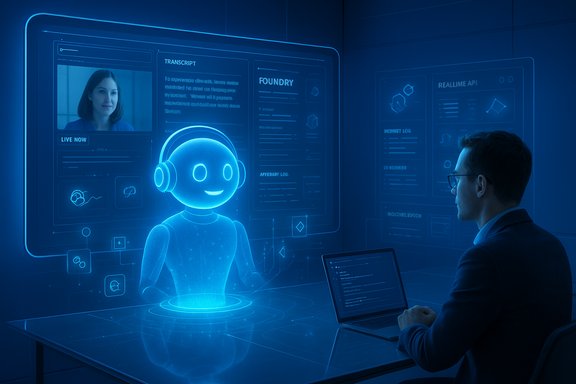 A man in a suit interacts with a glowing holographic robot in a futuristic control room.