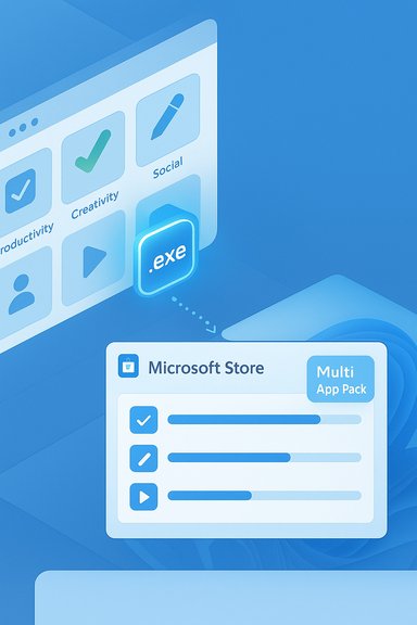 Blue isometric UI showing app icons, an .exe tile, and a Microsoft Store Multi App Pack with progress bars.