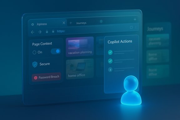 Blue-tinted 3D UI with a browser window, Copilot Actions panel, and a glowing avatar.