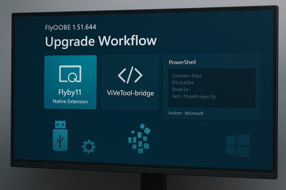 A dark blue upgrade workflow dashboard displaying Flyby11, ViVeTool-bridge, and PowerShell.