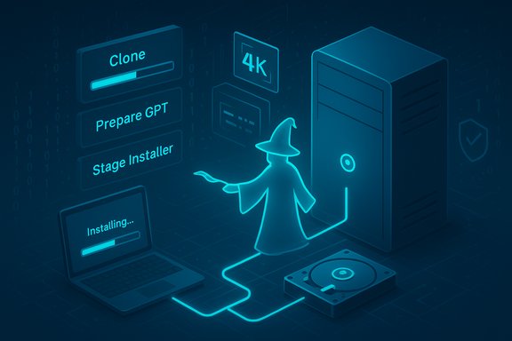 Neon wizard connects to a server to run cloning and installation steps.
