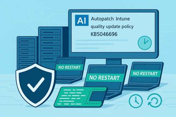 AI autopatch Intune update policy KB5046696 with no-restart laptops and a shield.