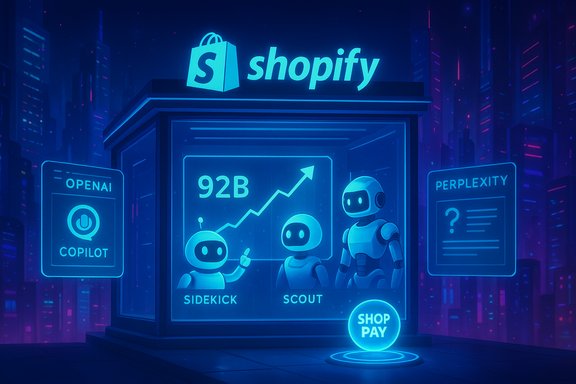 Neon-blue Shopify storefront with friendly robots, a rising chart, and a glowing Shop Pay button.