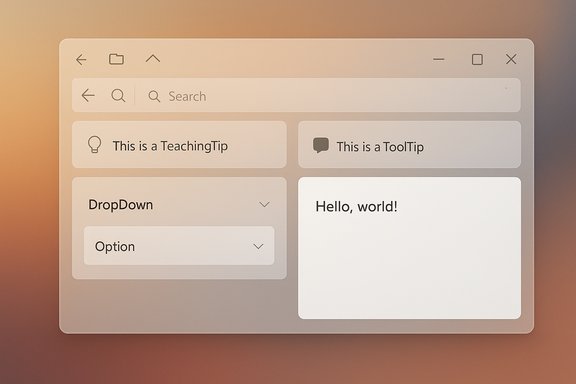 Rounded UI window showing teaching tip, tool tip, a dropdown, and a Hello, world! panel.